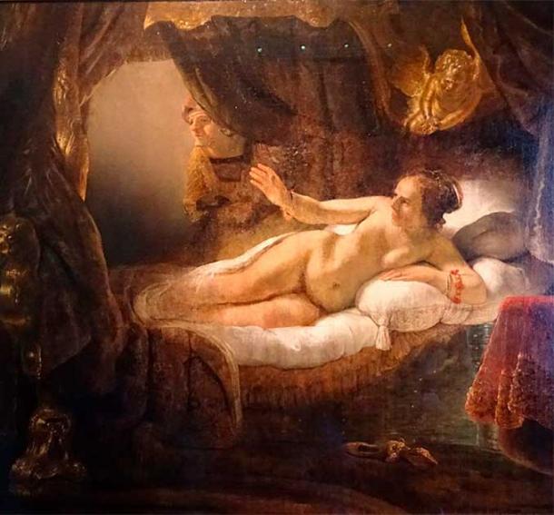 A painting of Danaë, showing the golden rain above her, by Rembrandt. (Hermitage Museum/ CC BY-SA 4.0