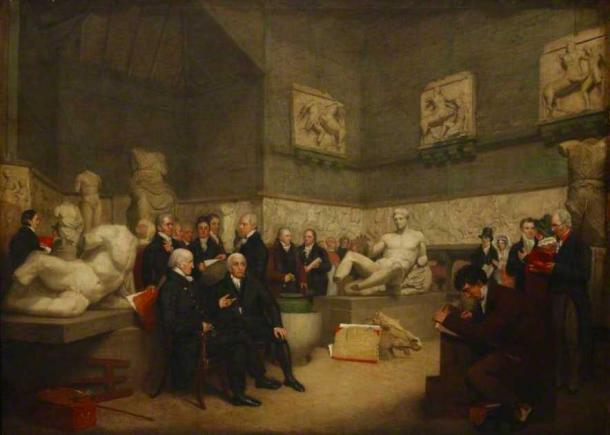 This painting shows an idealized view of the Temporary Elgin Room at the Museum in 1819, with portraits of staff, a trustee and visitors. The room was designed by the Museum’s architect, Robert Smirke, for the temporary display of the sculptures from the Parthenon brought from Athens by Lord Elgin known as the 'Elgin Marbles' (Public Domain)