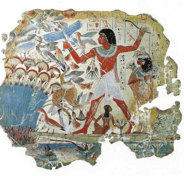 A tomb painting representing Nebamun fishing and hunting. A bunch of lotuses hangs over his arm and another spray is held by his wife. The heads of the flowers are approximately triangular in shape, shown in profile with white petals framed by green and grey sepals. (© The Trustees of the British Museum/CC BY-NC-SA 4.0)