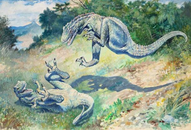 The painting entitled “Leaping Laelaps”, by Charles R. Knight, made the Dryptosaurus, originally from Appalachia and discovered in modern-day New Jersey, one of the most famous dinosaurs of its time. (Public domain)