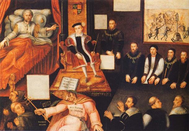 In the painting “Edward VI and the Pope: An Allegory of the Reformation,” Edward can be seen at the time of his succession alongside his uncle and Lord Protector, Edward Seymour, who would have been responsible for the Vagrancy Act of 1547. (Public domain)