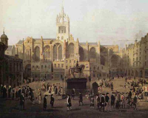 A painting of St. Giles Cathedral with prominent figures in the front. By Sir David Wilkie. (Public Domain)