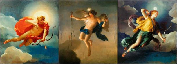 Three paintings by Anton Raphael Mengs showing three deities of Greek mythology as personifications of the times of the day. From left to right: Helios (or sun god Apollo) personifying Day, Hesperus embodying Evening, and Selene (or Diana, Luna) personifying Night or the Moon. (Public domain)