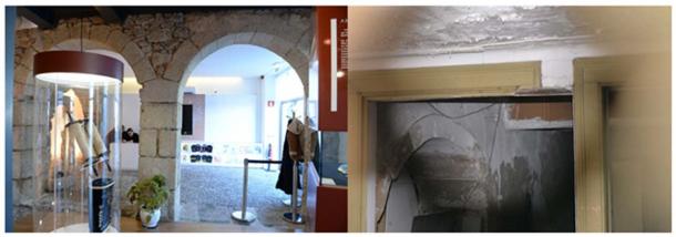 (Left) This pair of arches, common to Castelo Branco can be seen. (Right) An arch in the wall of an abandoned house. (Photos: Tom Hamilton)