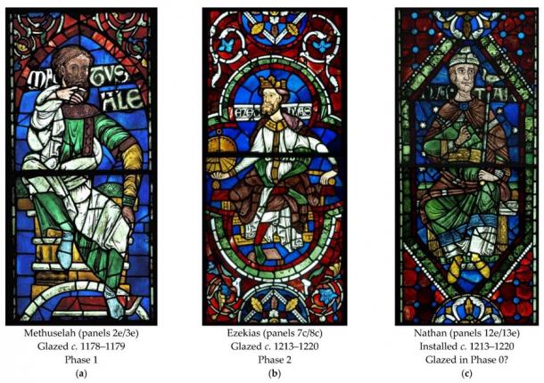 Three panels from the Ancestors of Christ series, originally in the clerestory windows of Canterbury Cathedral and now in the Great South Window, were selected for this study: (a) Methuselah, from Phase 1; (b) Ezekias, from Phase 2; (c) Nathan, one of the panels that Caviness suggested contains a Romanesque figure. Panel images reproduced courtesy of the Dean and Chapter, Canterbury Cathedral. (Heritage)