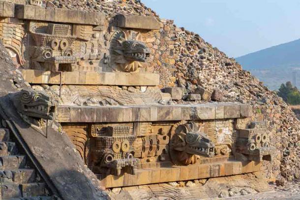 Part of the restored Temple of Quetzalcoatl, the Feathered Serpent, at the Citadel in Teotihuacan in city of San Juan Teotihuacan, State of Mexico, Mexico. (Wangkun Jia/Adobe Stock)