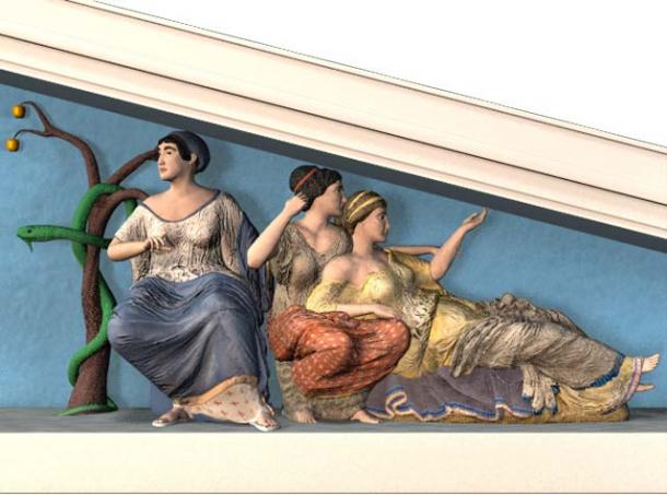 Detail of a reconstruction of the Hesperides with the serpent-entwined tree. (public domain)
