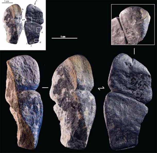 Images of the graphic pendant from different angles. The study claims that it was carved into a Mongolian phallus 42,000 years ago. (Solange Rigaud et. al. / CC BY 4.0)