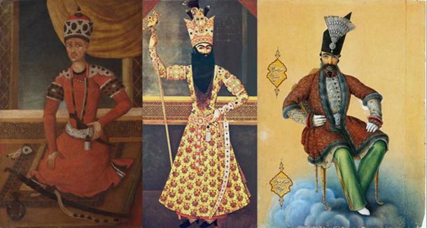 Mohammad Khan Qajar, the founder of the Qajar dynasty of Iran, Fath Ali Shah, and Naser al-Din Shah by Abul Hasan. 