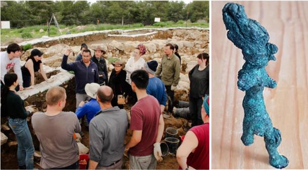 Left: Just minutes after a seal is discovered among the dirt at the Ziklag excavation site, Saar Ganor of the Israel Antiquities Authority holds the precious artifact up for the team to see. (Macquarie University) Right: Smiting statue: The partially intact figurine wears a tall hat and would have had its right arm raised and its other arm held out in front, possibly holding a weapon such as a spear. (The Hebrew University of Jerusalem)