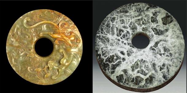 Example of a perforated Jade Bi disc with dragons. Such discs were ritual objects. (Public Domain) Right: This particular disc is a symbol of wealth, military power, and religious authority. Such discs have been found in tombs belonging to high officials and aristocrats, and required much skill and patience to produce. (Editor at Large/CC BY-SA 2.5)