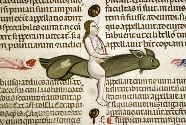 Woman riding a phallic monster.  Decretum Gratiani with Commentary by Bartolomeo da Brescia, Italy 1340-1345.  Lyon, B.M., Ms. 5128, vol.  100 p