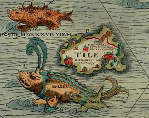 The phantom island Thule as Tile on the Carta marina of 1539 by Olaus Magnus, where it is shown located to the northwest of the Orkney islands, with a "monster, seen in 1537", a whale ("balena"), and an orca nearby. (Public Domain)