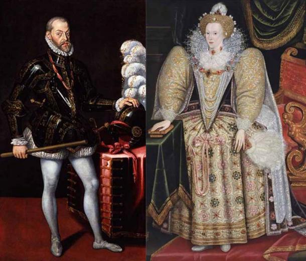 Felipe II de España por Joos van Cleve (c.1580) National Portrait Gallery, Londres (dominio público) y la reina Isabel I por Marcus Gheeraerts the Younger (c.1597), Trinity College, Cambridge (dominio público)