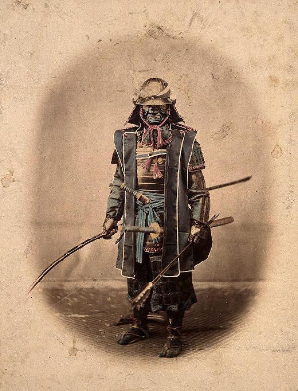 Colorized photograph of Japanese military commander, Koboto Santaro wearing traditional Samurai Armor, ca. 1868. 