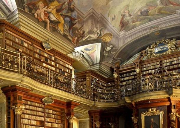 A photo of the hall of the Clementinum Library.