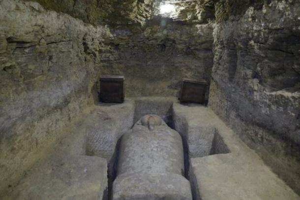 This photo, provided by Egyptian Antiquities Ministry, shows one of sarcophagi archeologists discovered in the tombs. (Egyptian Antiquities Ministry)