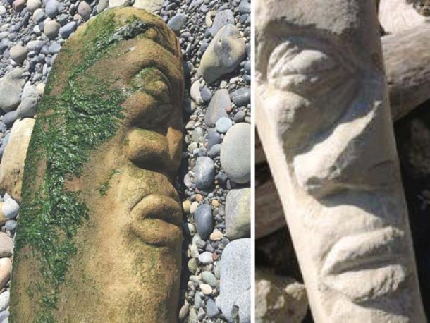 Left: Photograph by Bernhard Spalteholz of the beached Canadian artwork. Right: Photo by Victoria artist Ray Boudreau of a rock he carved back in 2017 which he believed had been stolen.