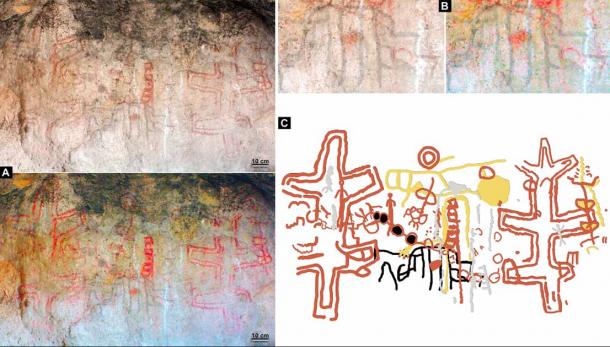  (A) Original photograph and digital enhancement with Dstretch of the complete rock art panel. (B) Original photograph and digital enhancement with Dstretch of the dated black comb-shaped motif. (C) Digital tracing of the complete rock art panel showing the dated black comb-shaped motif underlaying a series of superimpositions. (Guadalupe Romero Villa/ Science Advances)