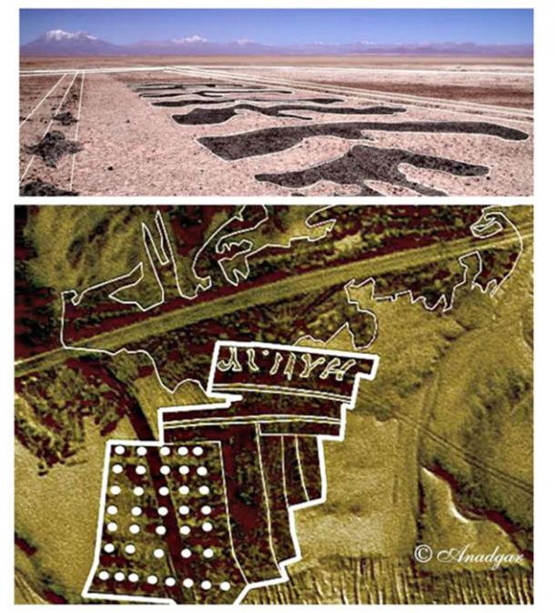 Two of the photographs (satellite and ground level), where you can see large geoglyphs representing figures and possible letters or ideograms.