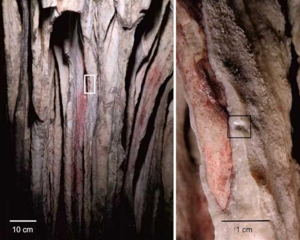 El pigmento rojo se lavó en las concavidades de una cortina de brillantes estalactitas en la cueva de Ardales. Paul Pettitt y el Equipo de Encuentros de Arte Rupestre. (Proporcionado por el autor/ La conversación)