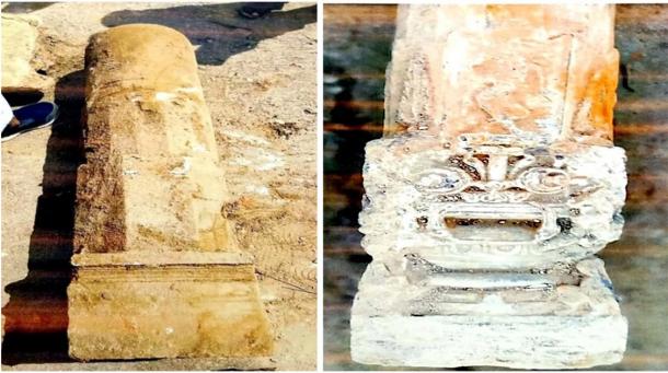 Two the pillars excavated at the Ayodhya site. (Shri Ram Janmbhoomi Teerth Kshetra Trust)