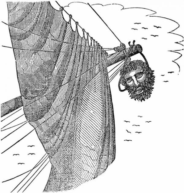 The pirate Blackbeard's head hanging from the bowsprit. (Public domain)