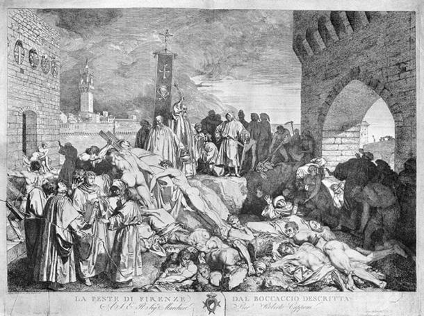 The plague in Florence, 1348, as described in Boccaccio’s ‘Decameron’; etching by L. Sabatelli.