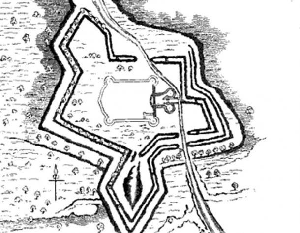 1825 plan showing the 14th‑century Donnington Castle surrounded by the 17th‑century star-shaped defences. (Public Domain)