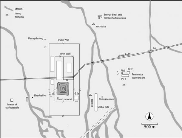 Site plan of the Chinese first emperor’s tomb, which shows the location of the tomb in comparison to the Terracotta Army to the east. (Martinón-Torres et al / Journal of Archaeological Method and Theory)