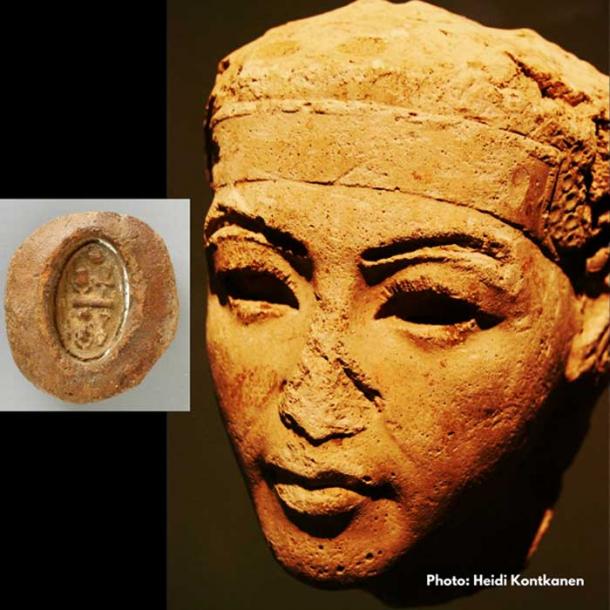 A plaster face-study identified as King Smenkhkare from the Neues Museum, Berlin. (Inset) A terracotta mold with the throne name of this ephemeral ruler. Los Angeles County Museum of Art.