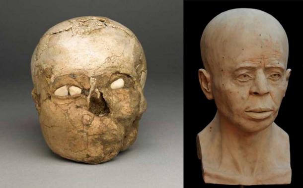 The plastered Jericho skull, with the 2016 reconstruction. (British Museum)