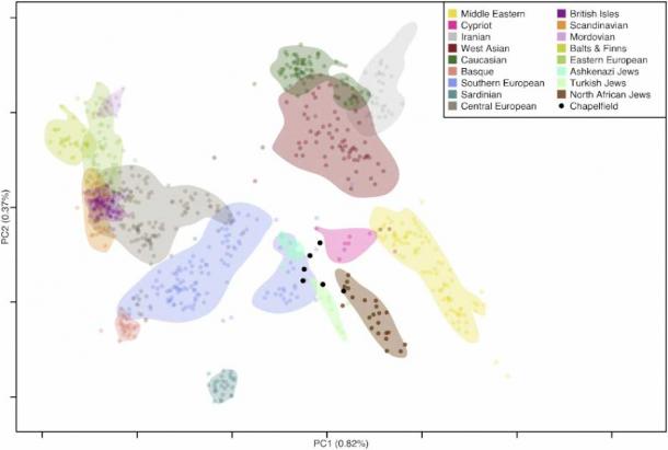 Gráfico PCA de individuos antiguos desconocidos (negro) y poblaciones modernas conocidas (color) (proporcionado por el autor)