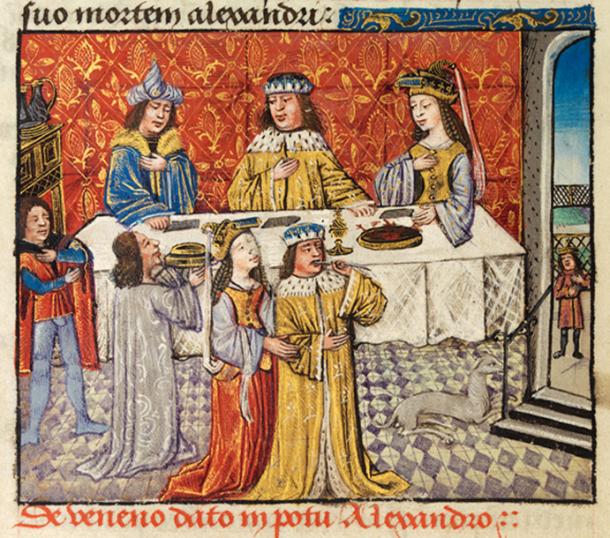 The poisoning of Alexander depicted in the 15th century romance The History of Alexander’s Battles. Alexander and his queen at table, and again in the foreground with a feather in his throat after being poisoned, 323 BC