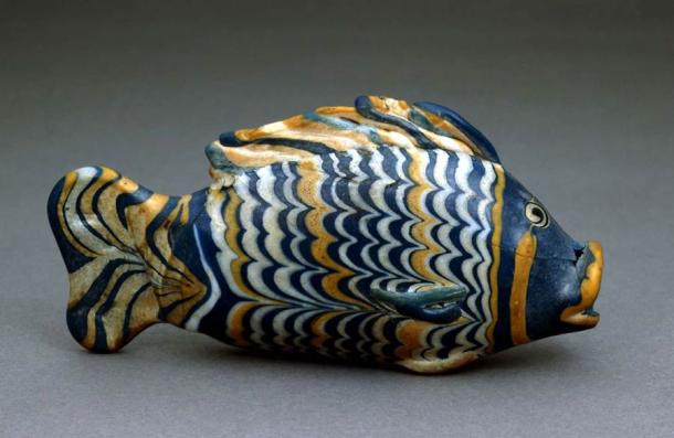 A polychrome glass fish-form vessel recovered from Amarna, now in the British Museum. (British Museum)