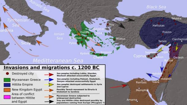 Invasions, destructions and possible population movements during the collapse of the Bronze Age, ca. 1200 BC. 