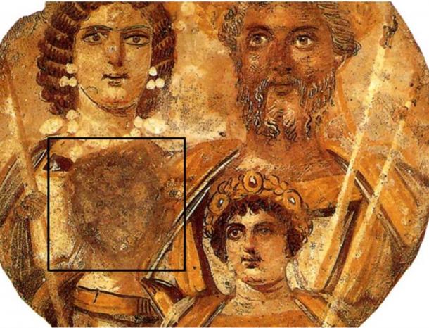 A portrait of the Severan family, with the face of Geta removed due to the damnatio memoriae ordered by Caracalla