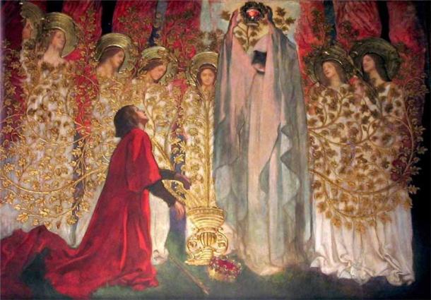 Often portrayed as the noblest Knight of the Round Table, Sir Galahad discovered the Grail in Arthurian legend. 1895 painting by Edwin Austin Abbey (Public Domain)