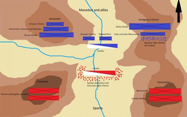 The initial positions of the Battle of Sellasia where the Achaean League fought the Spartans. (Leonidas1206 / CC BY-SA 4.0)