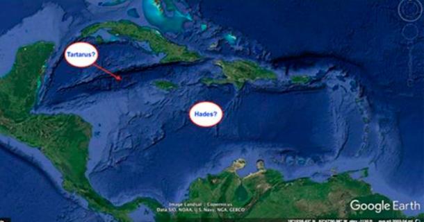 The possible location of the underworld of Tartarus and Hades. (Map Credit: Google Earth, 2017)