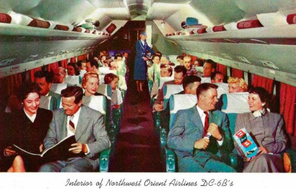 1957 postcard showing tourism airline interior (Joe Haupt / CC BY SA 2.0)