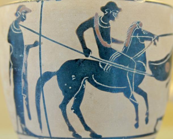 This pot, which was made in Selinunte, shows a rider with a spear and an attendant.