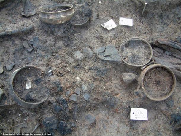 Some of the pots discovered in the archaeological dig at Must Farm Quarry in Cambridgeshire. 