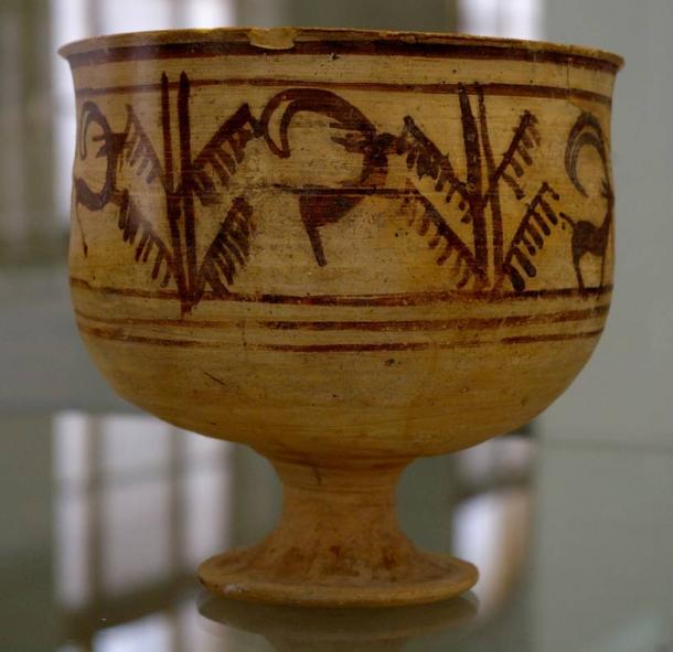 Animation pottery vessel found in Shahr-i Sokhta, Iran. A goat eats from a tree in the images. Late half of 3rd millennium B.C.