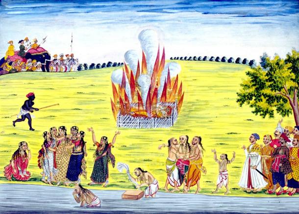 Painting depicting the practice of sati (suttee) or widow-burning. It was applied to the Hindu widow who followed her husband onto the funeral pyre. The practice was officially outlawed in the 1800’s.