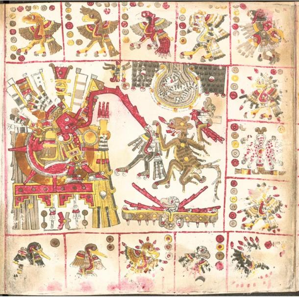 A page from the pre-Spanish Codex Borgia, depicting the Sun god 