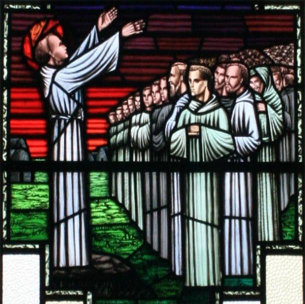 St Fíonnán preaching to his pupils, depicted on a stain glass window in the Church of St. Finian at Clonard. (Andreas F. Borchert / CC BY-SA 3.0 DE)