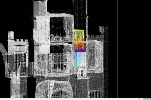 The priest hole (in color) was built in a closed-off space in a tower of Coughton Court, as a place for Catholic priests to hide from search parties.