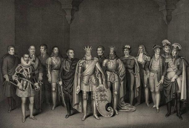 The print entitled “The noble sons of Ireland” depicts prominent men from Irish history, including Brian Boru in the ninth position from the left. (Public domain)