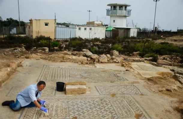 The Early Christian prison mosaic during excavations at Megiddo Prison in Israel. (Israel Antiquities Authority)
